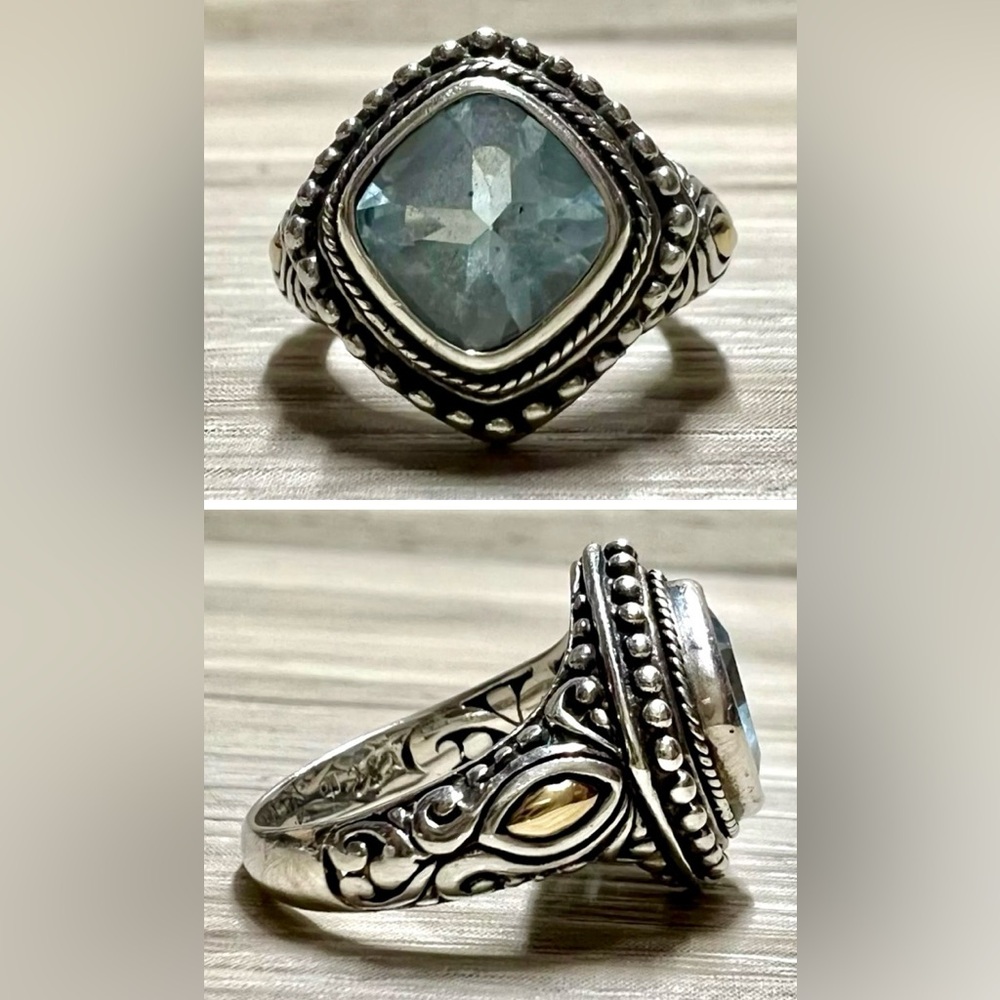 Vintage Designer (M ID) Sterling Silver & Gold Accented Blue Topaz Ring